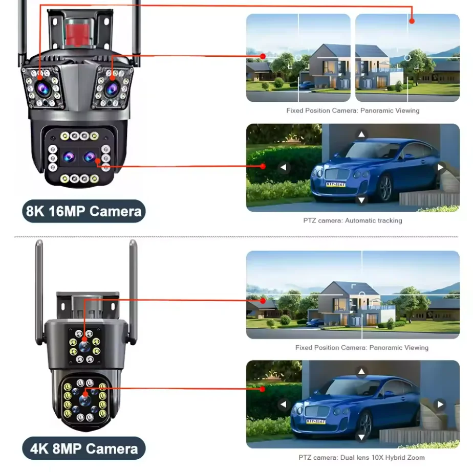 8K 12 MP Outdoor-WLAN-Kamera, 12-facher Zoom, vier Objektive, drei Bildschirme, PTZ-Kamera 360 ° Überwachungskameras Überwachungskamera mit Bewegungsverfolgung
