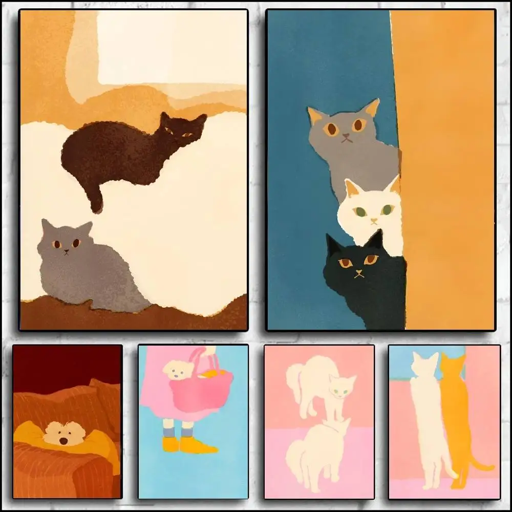 1PCCats And Dogs Daily Life Poster Selbstklebende Kunst Wasserdichter Papieraufkleber Kaffeehaus Bar Zimmer Wanddekoration
