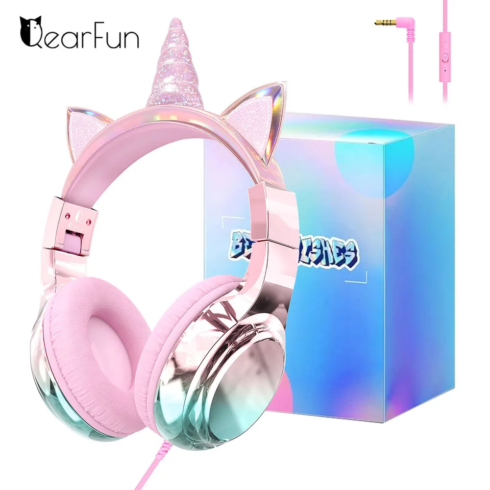 Einhorn-Kopfhörer mit Kabel für Kinder und Mädchen, Kopfhörer mit 85/94 dB Lautstärke, limitiertes, faltbares Musik-Headset mit Mikrofon für Schule, Tablet, IPad Image