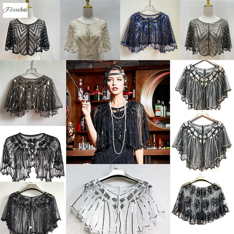 Vintage 1920s Flapper Schal Pailletten Perlen Kurzen Cape Perlen Dekoration Gatsby Party Mesh Kurze Cover Up Kleid Zubehör Image