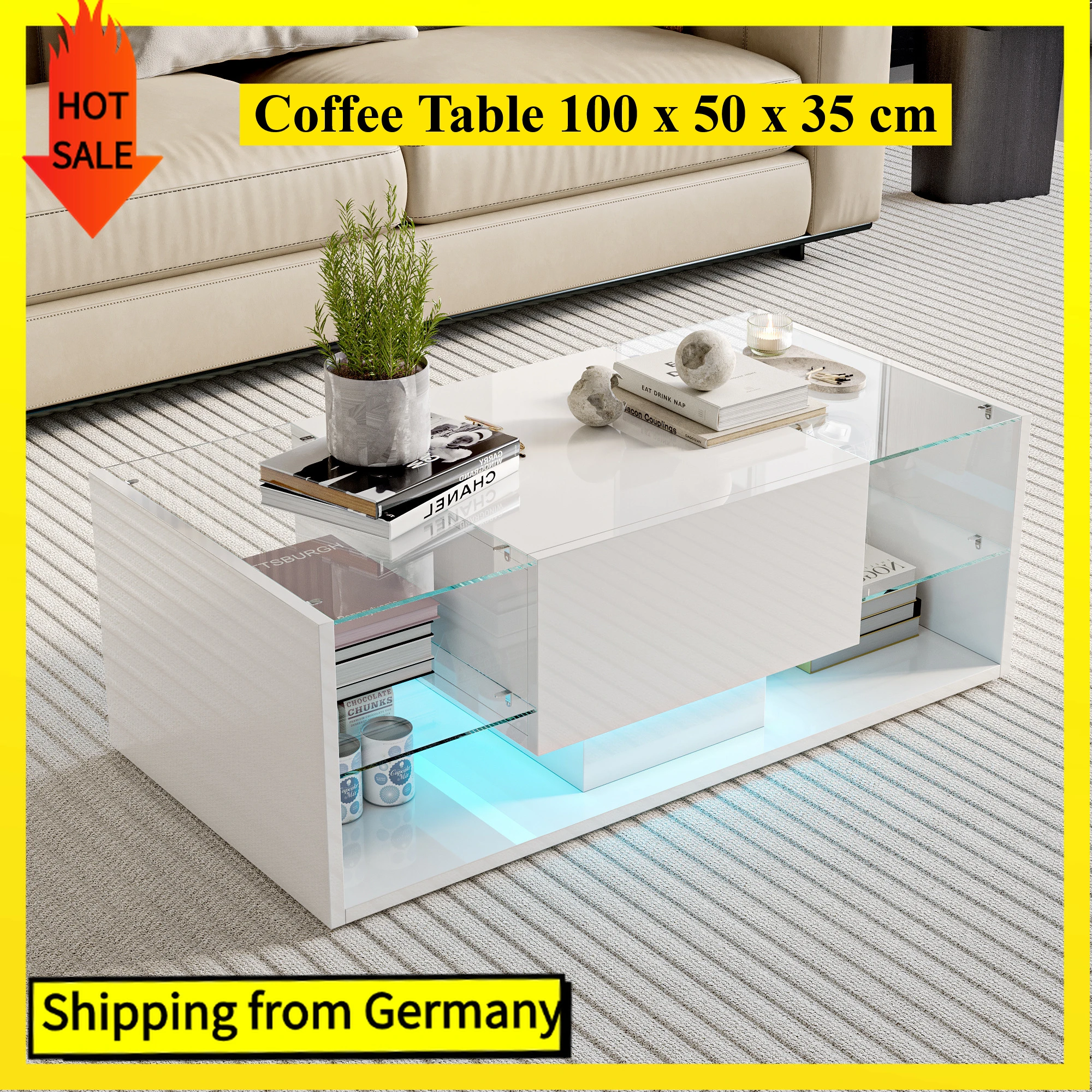 Comanlai Couchtisch mit Schublade und 4 offenen Fächern, moderner Couchtisch mit LED-Leuchten, 100 x 50 x 35 cm, Weiß