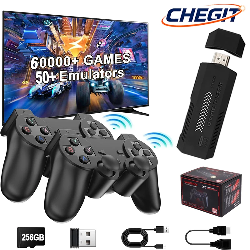 X2 Plus bâton de jeu 60000 + jeux 4K HD Console de jeu vidéo 256G 2.4G Double contrôleur sans fil bâton de jeu pour N64/PSP/PS1/GBA