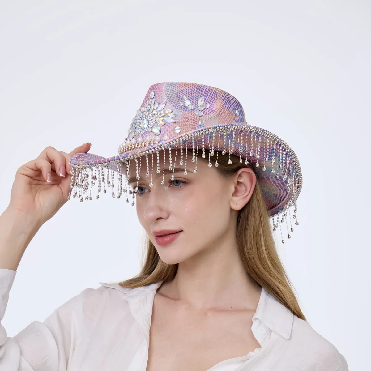 HongLuan Western Pink Luxus Cowboyhut Strass Frau für Cowgirl Kostüm, Cowboyhüte Damen & Cowboy Accessoires für Herren Image