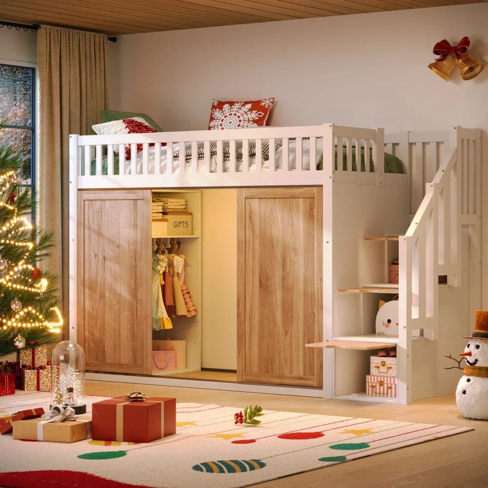 90 x 200 cm großes Kinder-Etagenbett, multifunktionales Kinderbett mit Kleiderschrank und Treppe, bunte Lichtleiste (keine Matratze)