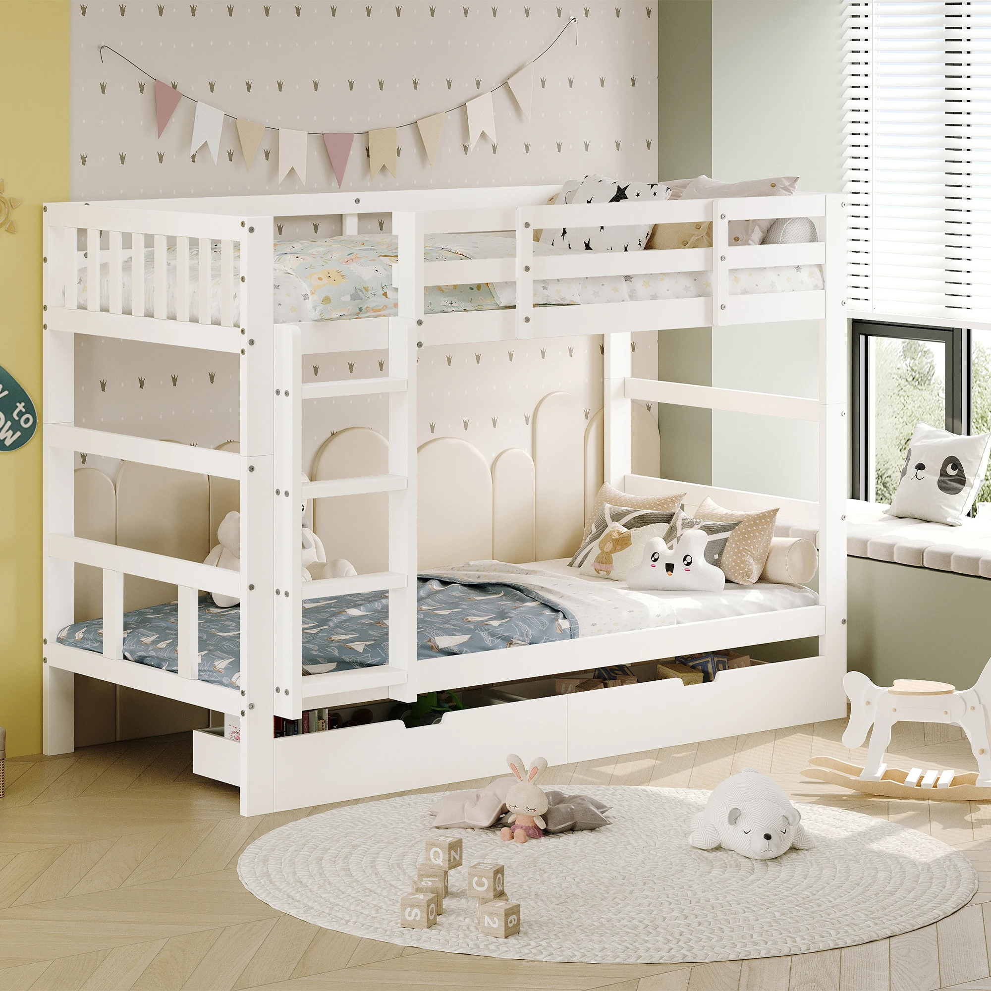 Fanganeg Kinder-Etagenbett mit Leiter, ausziehbares Schlafsofa 90 x 200 cm mit 2 Lattenrost, Etagenbett mit Sicherheitsbarriere, weiß Image