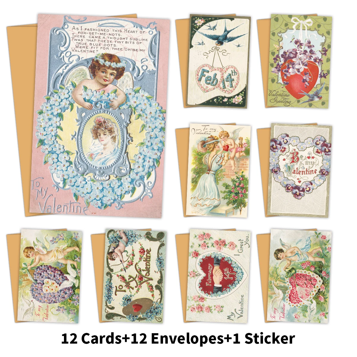12 Stück Vintage-inspirierte handgefertigte Grußkarten zum Valentinstag mit Umschlag, innen leer, für Schatz, Liebhaber und romantisches Geschenk Image