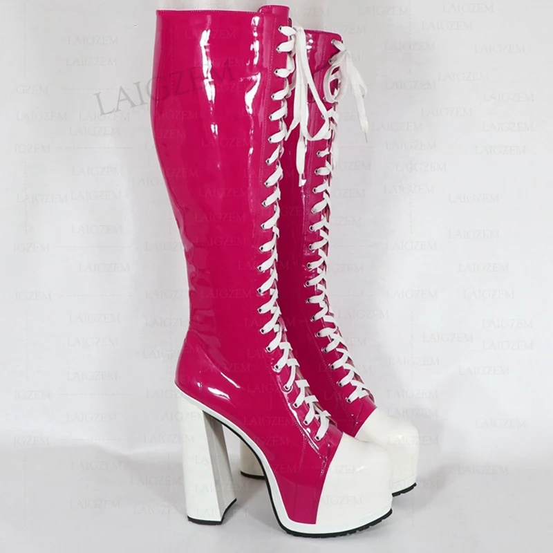 Dohbaner Frauen Knies tiefel Plattform breite Wade freundlich dicke quadratische High Heels Seite Reiß verschluss Stiefel Schuhe Frau große Größe 40 43 45 47