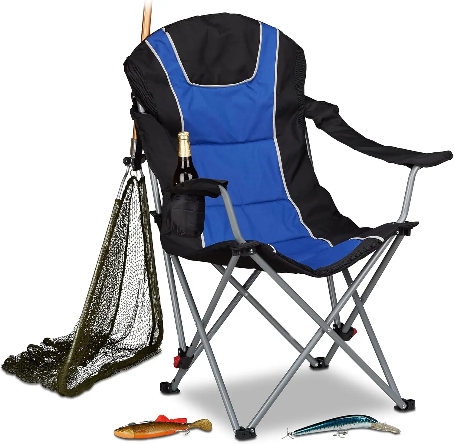 Campingstuhl Faltbar, gepolsterte Lehne Adjuster, Anglerstuhl Klappbar, HxBxT: 108x90x72 cm, Blau-schwarz