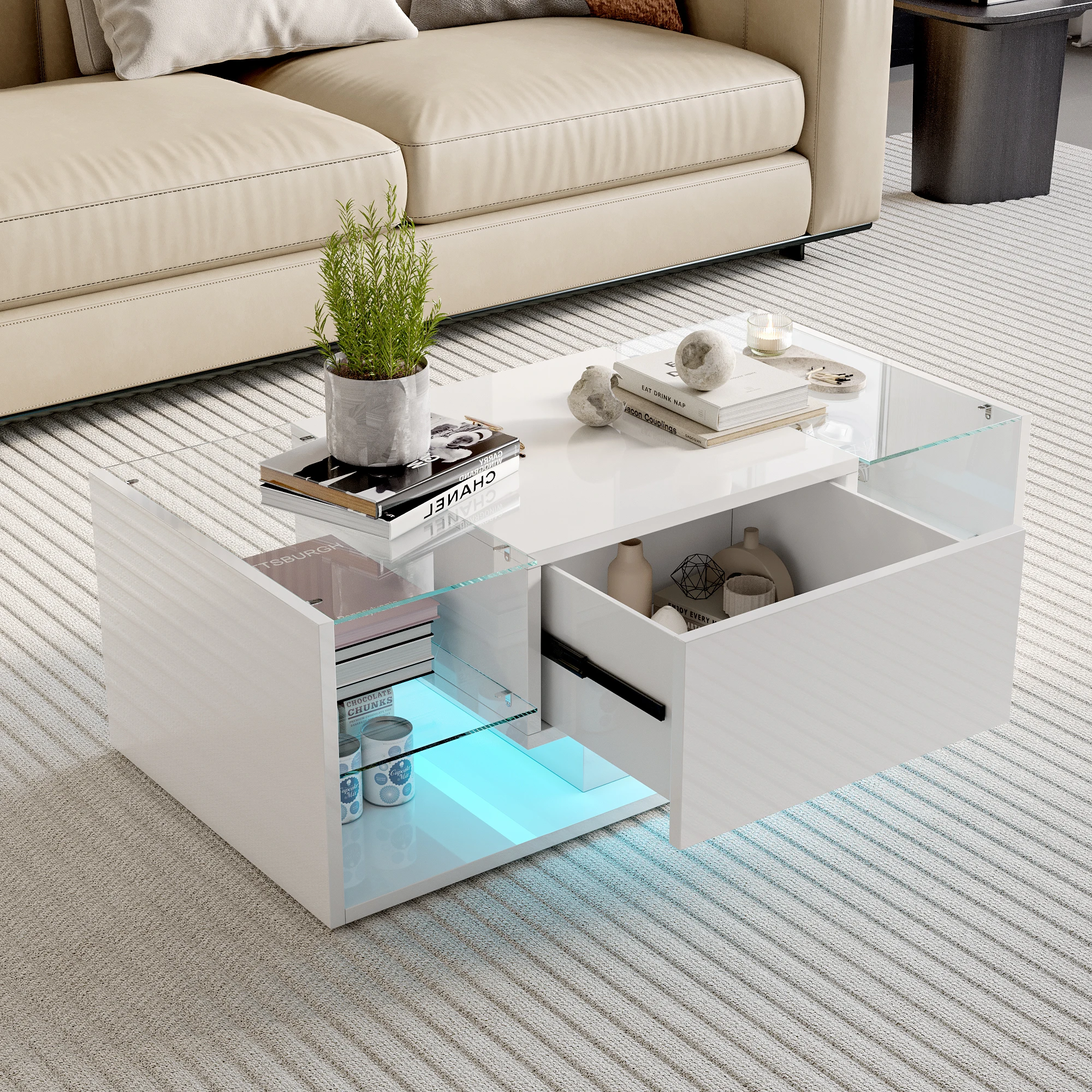 Rosahqnda Moderner Couchtisch für Wohnzimmer, LED-Hochglanz-Couchtisch aus MDF und gehärtetem Glas mit einem Schublade, 2 Ablagen Image