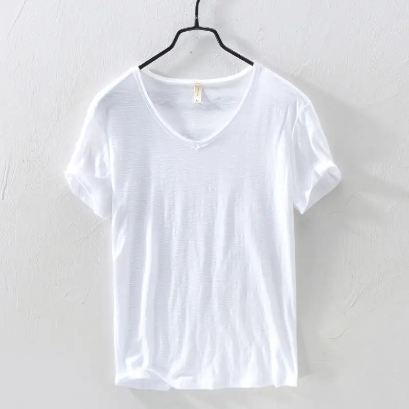 2023 estate nuovo 100% cotone T-Shirt bianca maschile scollo a v tinta unita T-Shirt Casual Basic Tees Plus Size 3XL top manica corta