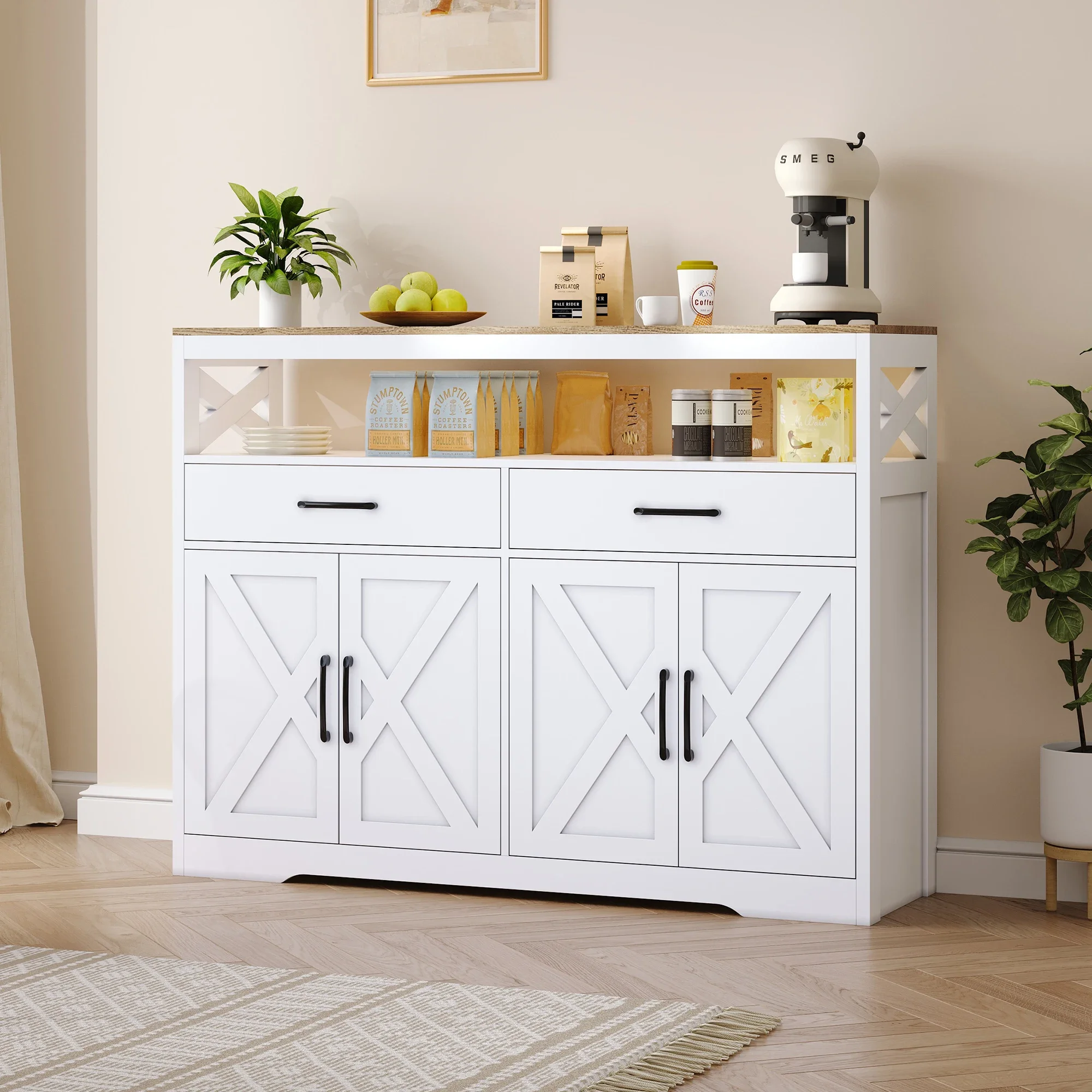 Comanlai Sideboard, Küchenschrank mit 2 Schubladen und 2 Türen, Buffetschrank mit Arbeitsplatte für Esszimmer, Wohnzimmer