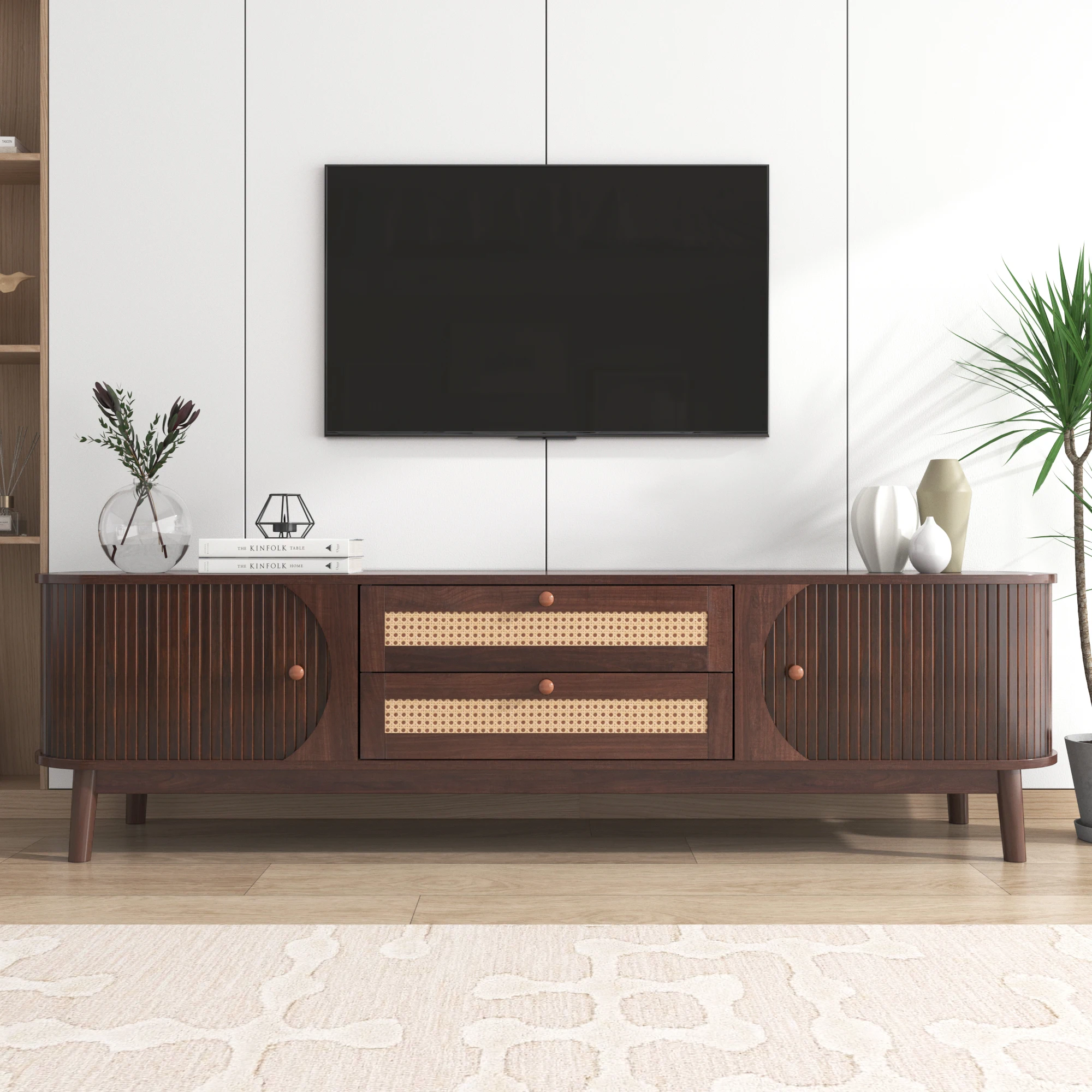 Anajqaqia 170 x 39,5 x 46 cm TV-Ständer, TV-Schrank mit Naturholzmaserung, Rattan-TV-Schrank mit Türen und 2 Schubladen, MDF