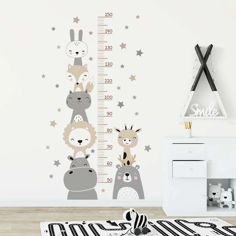 Cartoon Lächeln Tiere Bär Löwe Hirsch Nilpferd Sterne Höhe Herrscher Wandaufkleber für Kinderzimmer Junge Mädchen Zimmer Kinderzimmer Wandtattoos PVC