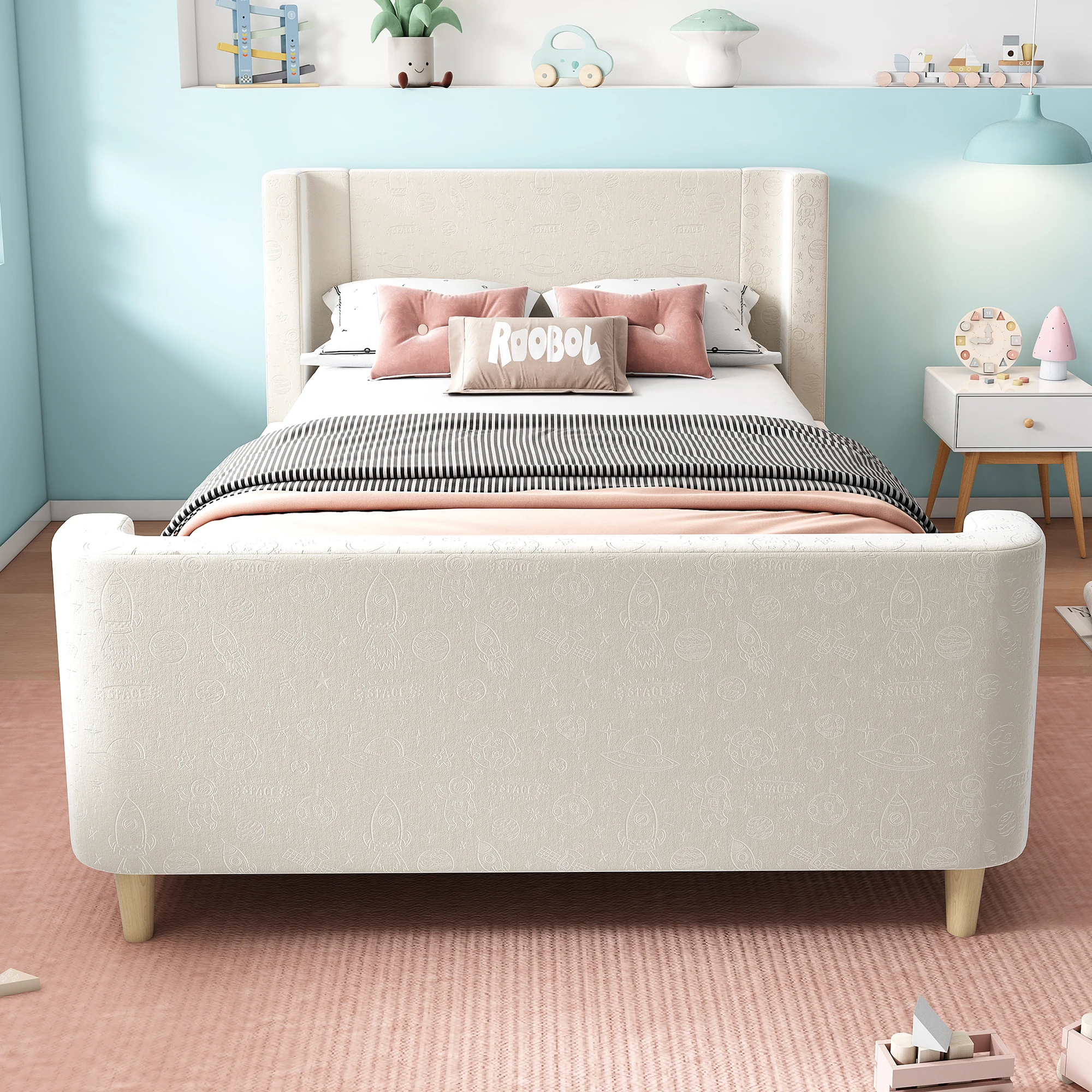 KOMHTOM Polsterbett Kinderbett Einzelbett Schlittenbett 90x200 cm Samt - Kosmisches Muster, ohne Matratze