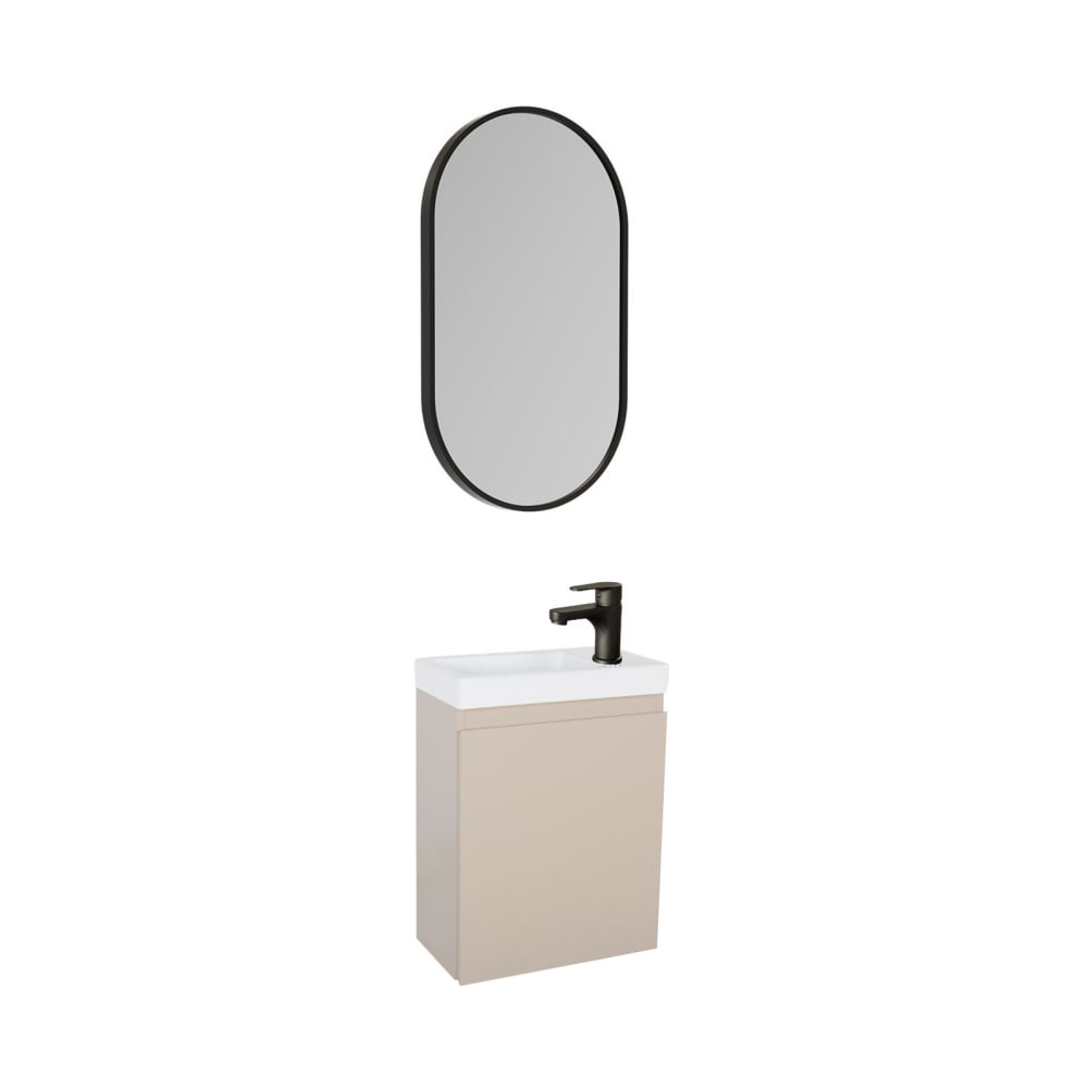 Meuble lave-mains + robinet noir + miroir ovale