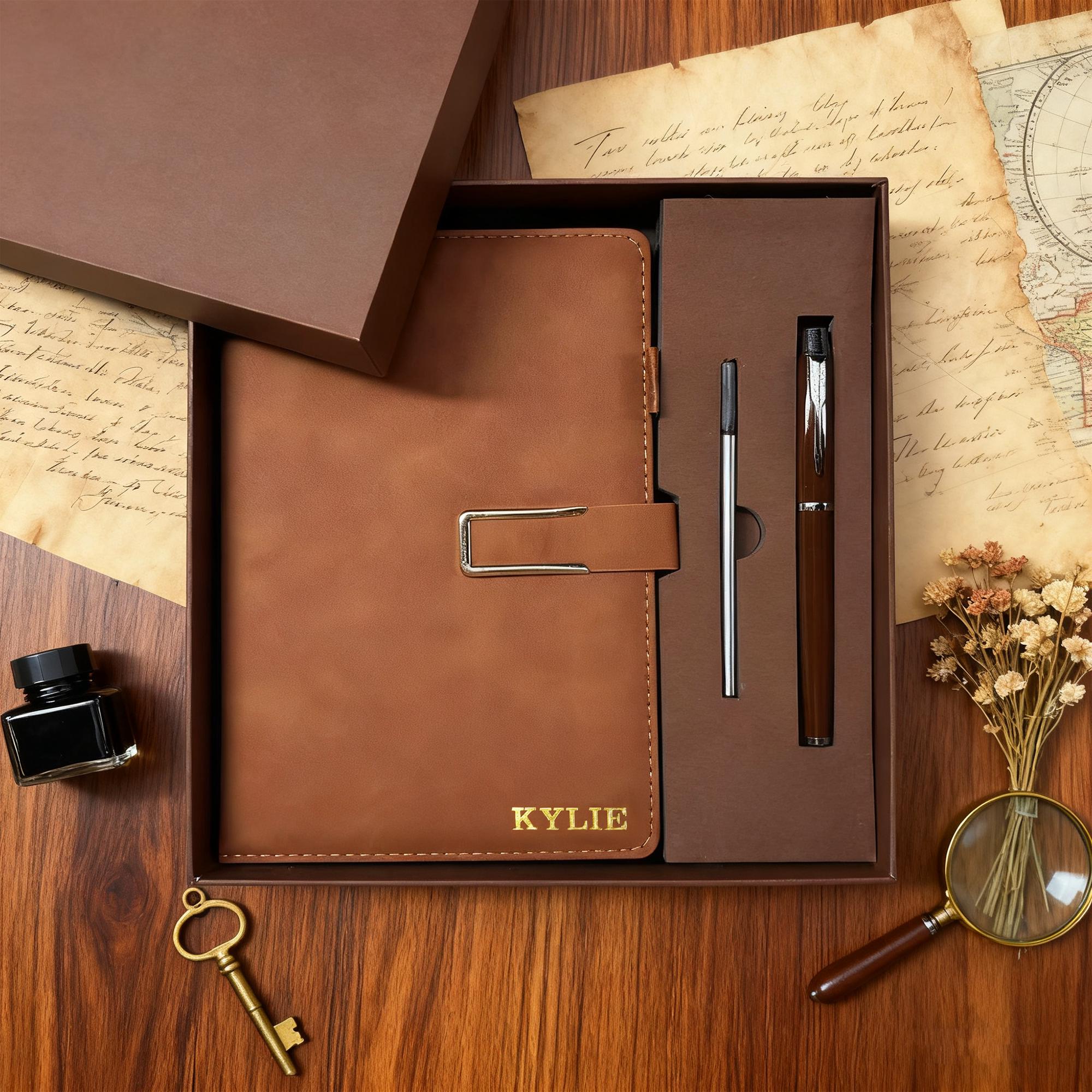 Set regalo di diario in pelle A5 personalizzato, diario in pelle vegana, quaderno in pelle A5 con nome personalizzato, quaderno con penna, diario da v