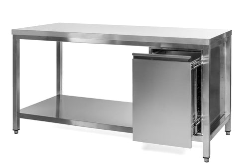 VM Europa Edelstahl Arbeitstisch mit Grundboden, Abfallbehälter rechts, Premium - alle Größen montiert: 180 x 70 cm / mit Aufkantung / fertig montiert Image