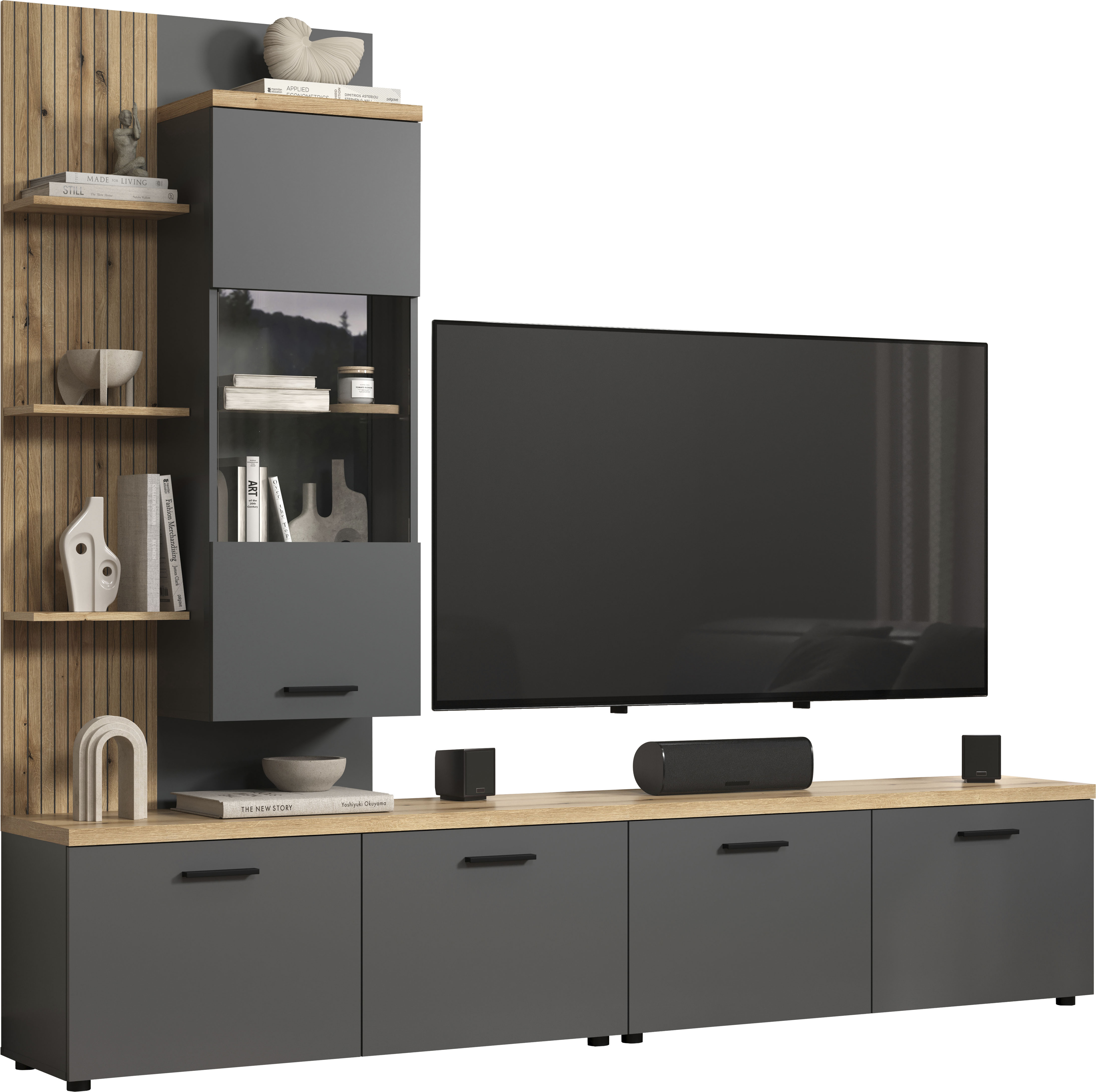 Wohnwand HOME AFFAIRE "Bajo", anthrazit, evoke eiche, B:240cm H:212cm T:40cm, Glas, Holzwerkstoff, Kunststoff, Kastenmöbel-Sets, Wohnwand