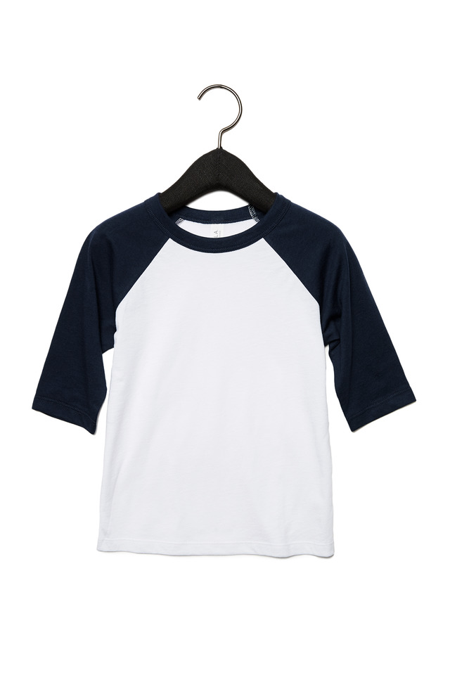 Bella + Canvas 3200T Toddler Three-Quarter Sleeve Baseball Top in White/Navy Blue size 3T | Cotton/Polyester Blend B3200T