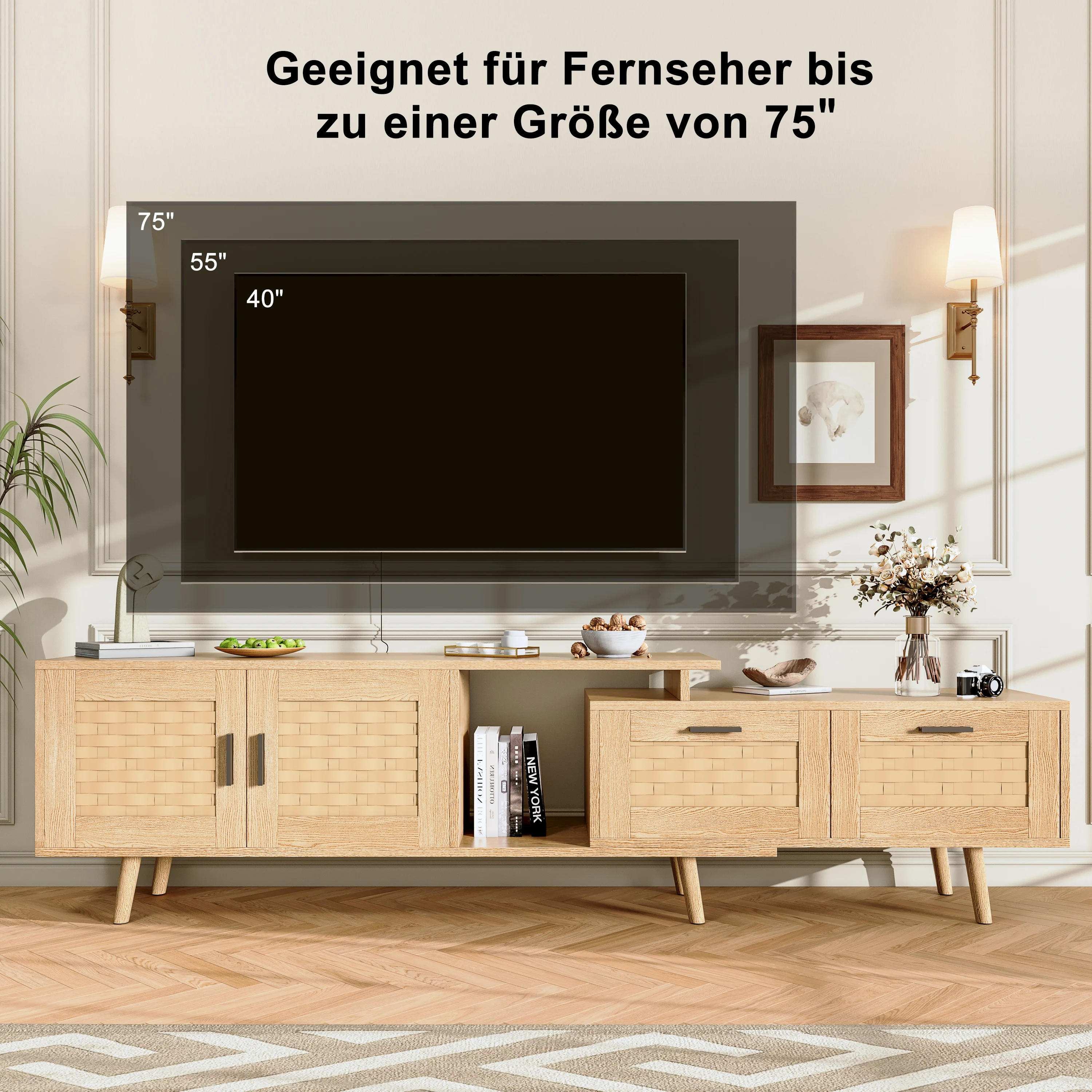 Fangang meuble TV Lowboard, meuble TV pour TV jusqu'à 75 pouces, 169 cm, meuble TV pour salon, design en bois, bois