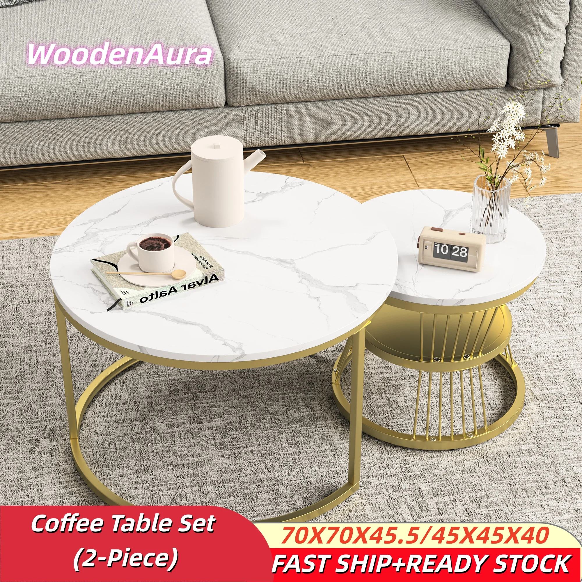 WoodenAura Modernes Couchtisch-Set, runder Beistelltisch, vergoldeter Rahmen, Aufbewahrungsfunktion, Sofa-Beistelltisch, Wohnzimmermöbel