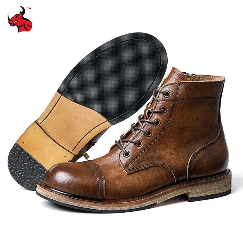EU Größe 38-44 Motorrad Stiefel Männer Rindsleder Motorrad Stiefeletten Dicken Sohlen High Top Western Arbeit Stiefel Mode leder Schuhe