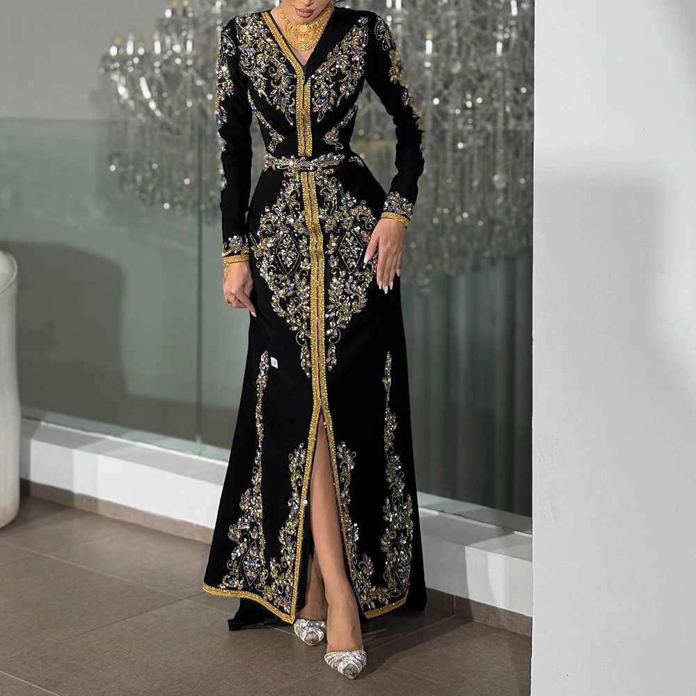 Maßgeschneiderte Meerjungfrau-Abendkleider, bodenlang, V-Ausschnitt, volle Ärmel, Abendkleid, modische Kristall-Pailletten, einfaches drapiertes Partykleid Image