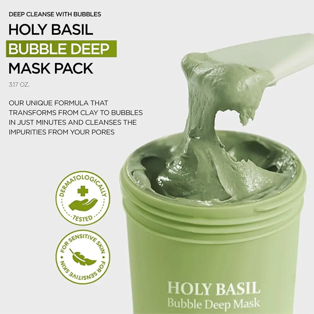Karbonisäure Heilige Basilikum Blase Schlamm Maske Peeling Reinigung Entfernen Mitesser Schrumpfen Poren Öl Kontrolle Beruhigen Die Haut 90g Image