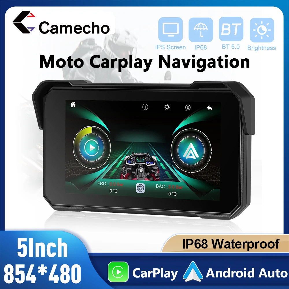 Camecho 5-Zoll-Bildschirm Wireless Carplay Android Auto Tragbarer Smart Player IP68 Wasserdichtes Display für Motorrad Image