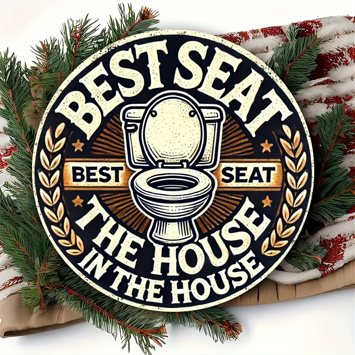 1 Stück rundes Aluminiumschild im Vintage-Stil – humorvolles Toilettenschild „Best Seat in the House“ – langlebig, hochwertiger HD-Druck, rustikal Image