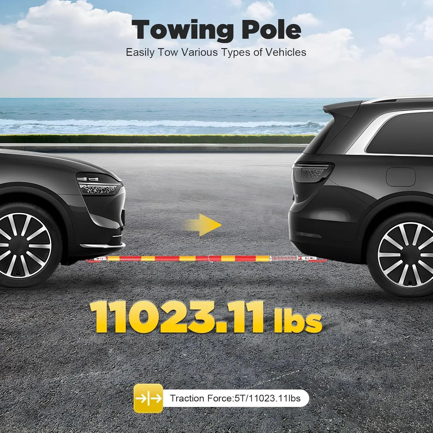 Auto-Abschleppstange aus Stahl, Abschleppstange mit Federdämpfung, Abschleppseil-Abschleppkraft 175 cm, Zugkraft 5000 kg