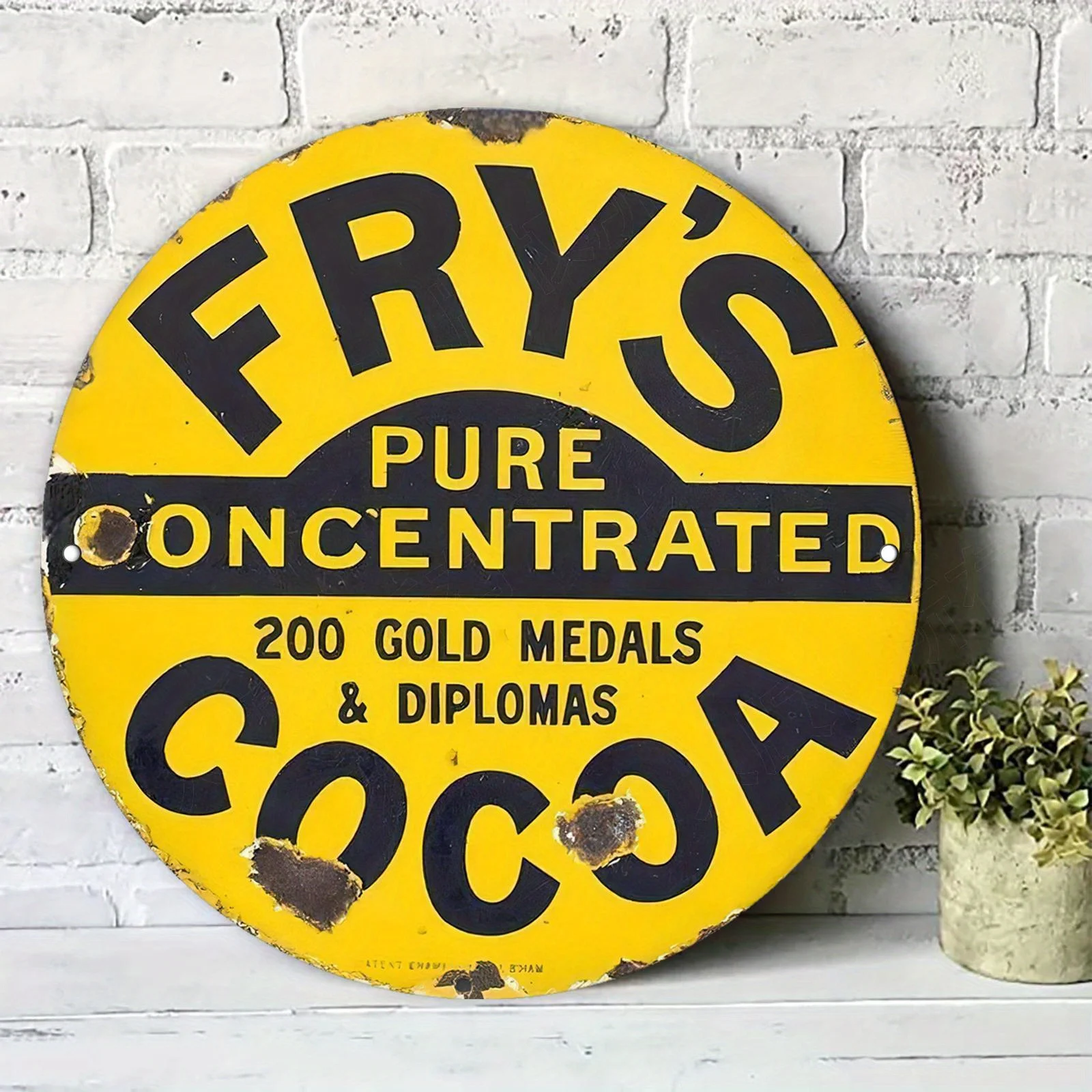 2D Flat – Vintage Fry'S Pure Concentrated Cocoa Metallschild – 19,99 cm runde Aluminium-Wanddekoration mit „200 goldenen Medaillen und Diplom“. Image