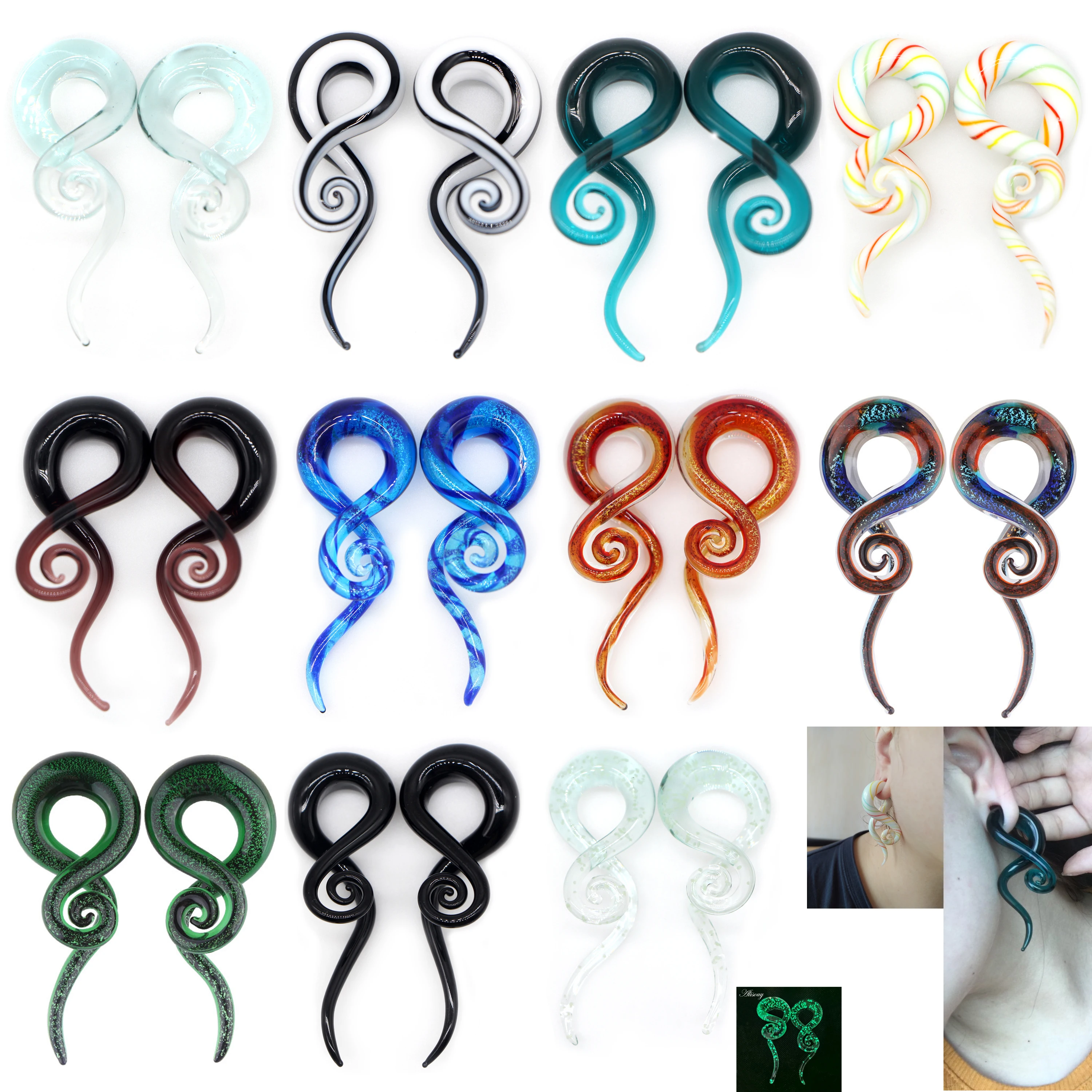 Alisouy 1 Paar Glas-Ohrspirale, Kegellehre, Ohrstöpsel, Dehnung, Expander, Piercing, Glaslehre, 5–14 mm, Körperschmuck, Piercing Image