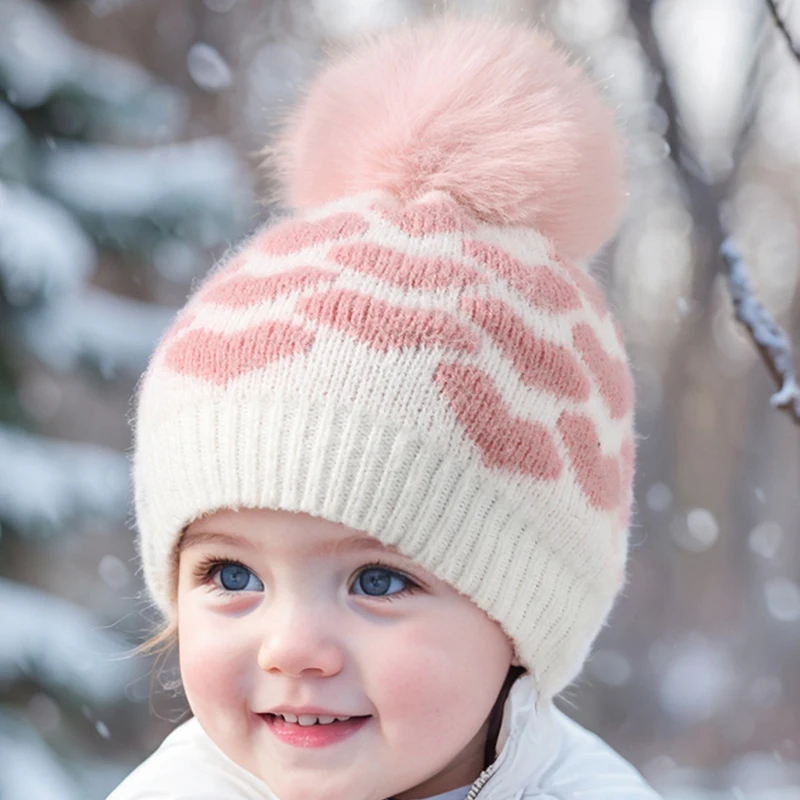 Winter Warme Baby Woolen Hut Mädchen Herz Beanie 0-2year Neugeborenen Pullover Kappe Plüsch Pompom Kinder Stricken Hüte rosa Liebe Häkeln Motorhaube Image