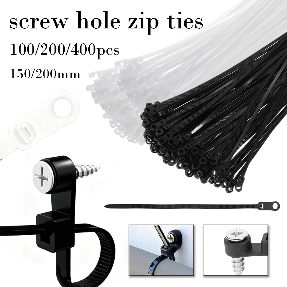 100–400 Stück Schraubenloch-Kabelbinder, Nylon, selbstsichernde Schlaufe, 4 x 150/200 mm, Wickelbündel, Montage, Organizer, Befestigungsgurte, Befestigung, Kabelbinder Image
