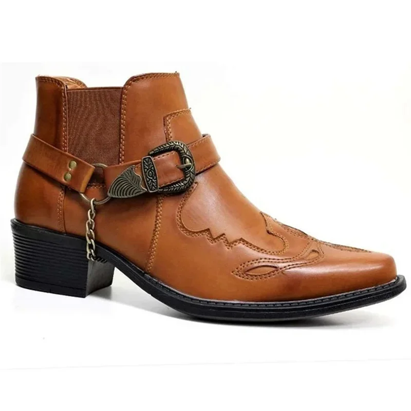 Handgefertigte 2025, Vintage-Cowboystiefel für Herren, Leder, hohe Kette, Schnallenriemen, Punk-Schuhe, spitze Zehen, Motorradstiefel für Herren