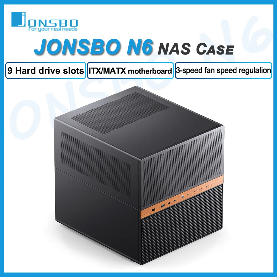 JONSBO N6 NAS-Gehäuse mit 9 Festplattenvorschlüssen, Netzwerkspeicher-Server, MATX Desktop-Chassis, unterstützt 240mm Wasserkühlung, Dual-Netzteil