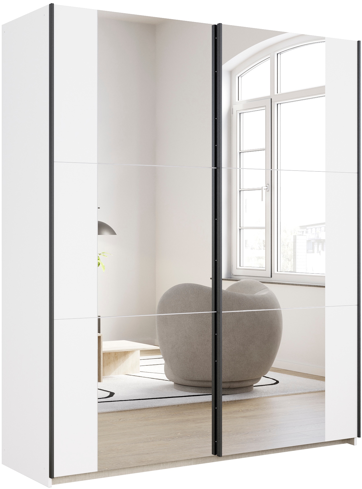 Schwebetürenschrank RAUCH "Kleiderschrank Drehtürenschrank Schrank Garderobe KRONACH TOPSELLER", weiß (alpinweiß, griffleisten grau, 2 spiegel), B:175cm H:210cm T:59cm, Holzwerkstoff, Schränke, Schwebetürenschrank, mit Spiegel und viel Stauraum,...