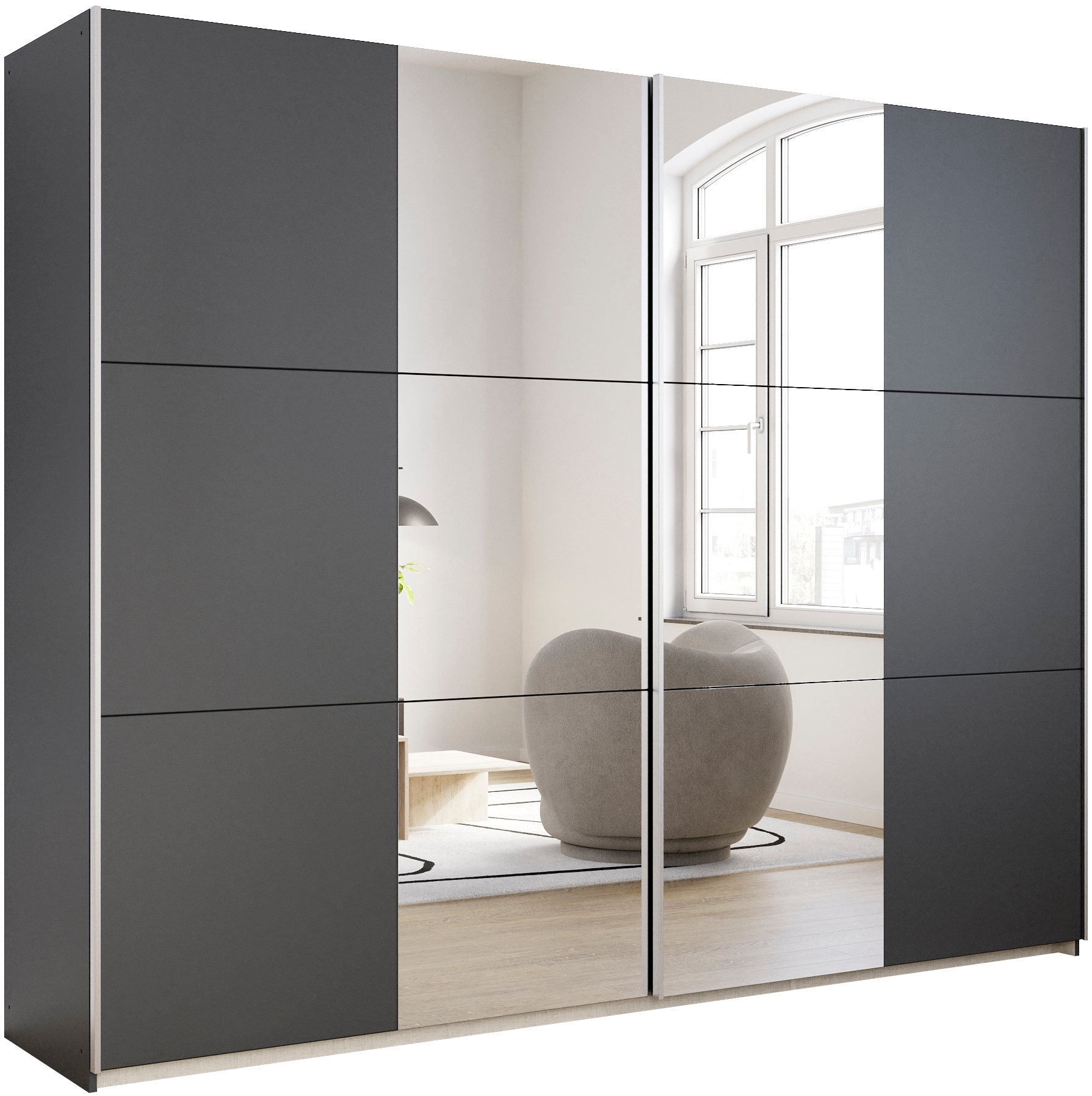 Schwebetürenschrank RAUCH "Kleiderschrank Drehtürenschrank Schrank Garderobe KRONACH TOPSELLER", grau (graumetallic, griffleisten alu, 2 spiegel), B:261cm H:210cm T:59cm, Holzwerkstoff, Schränke, Schwebetürenschrank, mit Spiegel und viel Stauraum,...