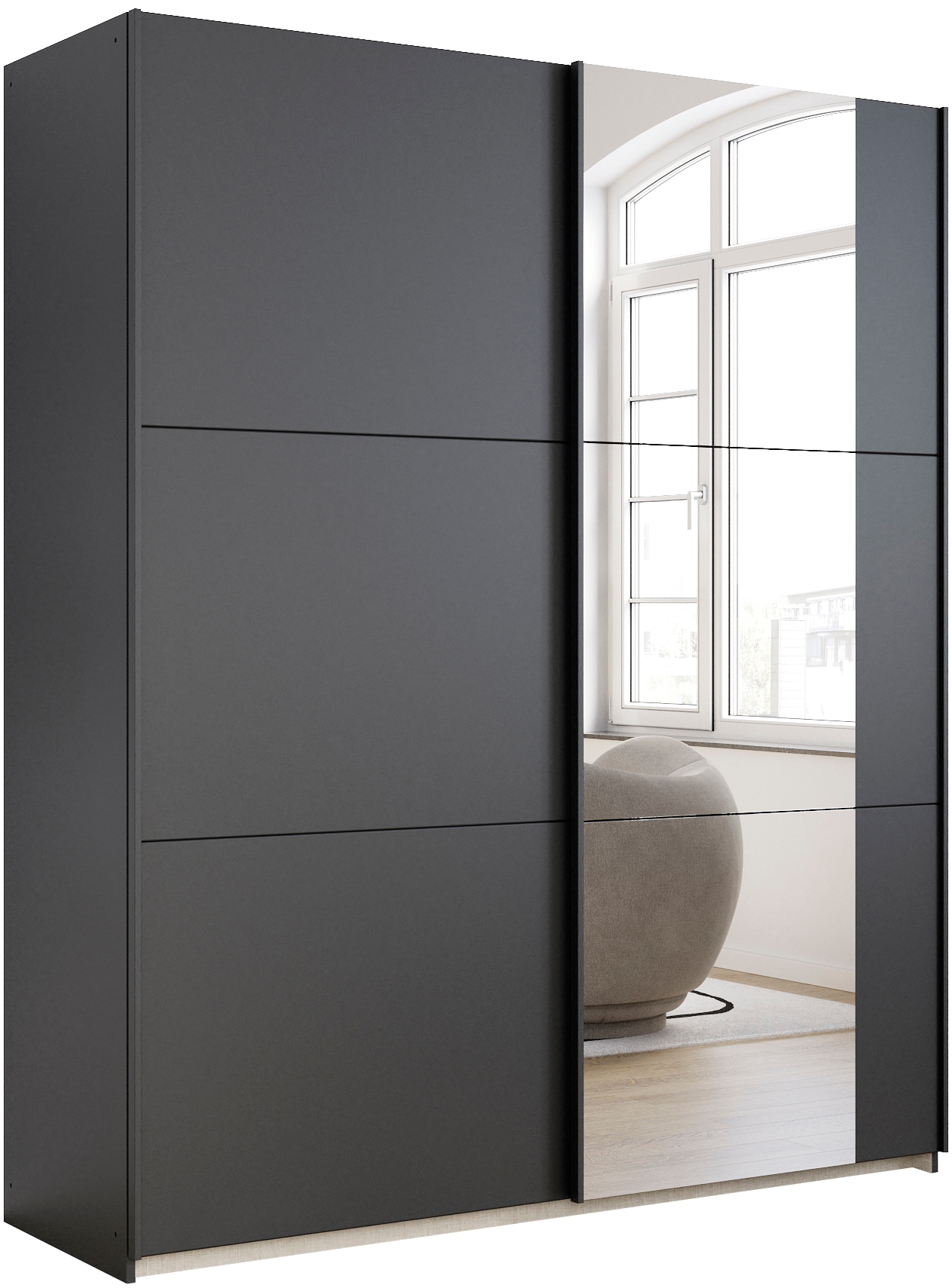 Schwebetürenschrank RAUCH "Kleiderschrank Drehtürenschrank Schrank Garderobe KRONACH TOPSELLER", grau (graumetallic, griffleisten grau, 1 spiegel), B:175cm H:210cm T:59cm, Holzwerkstoff, Schränke, Schwebetürenschrank, mit Spiegel und viel Stauraum,...