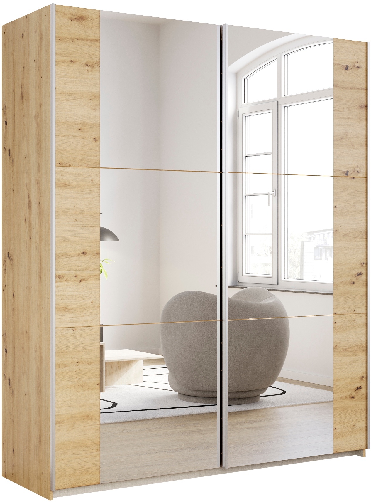 Schwebetürenschrank RAUCH "Kleiderschrank Drehtürenschrank Schrank Garderobe KRONACH TOPSELLER", braun (eiche artisan, griffleisten alu, 2 spiegel), B:175cm H:210cm T:59cm, Holzwerkstoff, Schränke, Schwebetürenschrank, mit Spiegel und viel Stauraum,...