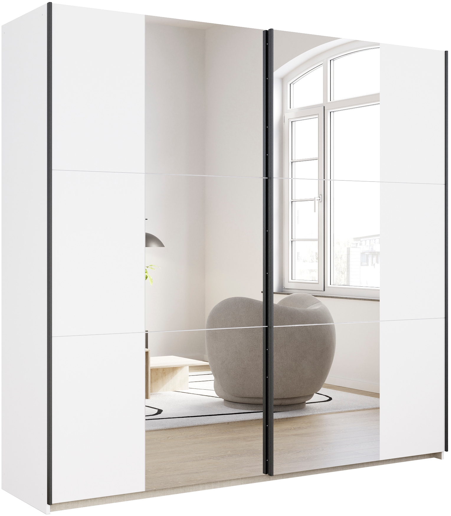 Schwebetürenschrank RAUCH "Kleiderschrank Drehtürenschrank Schrank Garderobe KRONACH TOPSELLER", weiß (alpinweiß, griffleisten grau, 2 spiegel), B:218cm H:210cm T:59cm, Holzwerkstoff, Schränke, Schwebetürenschrank, mit Spiegel und viel Stauraum,...