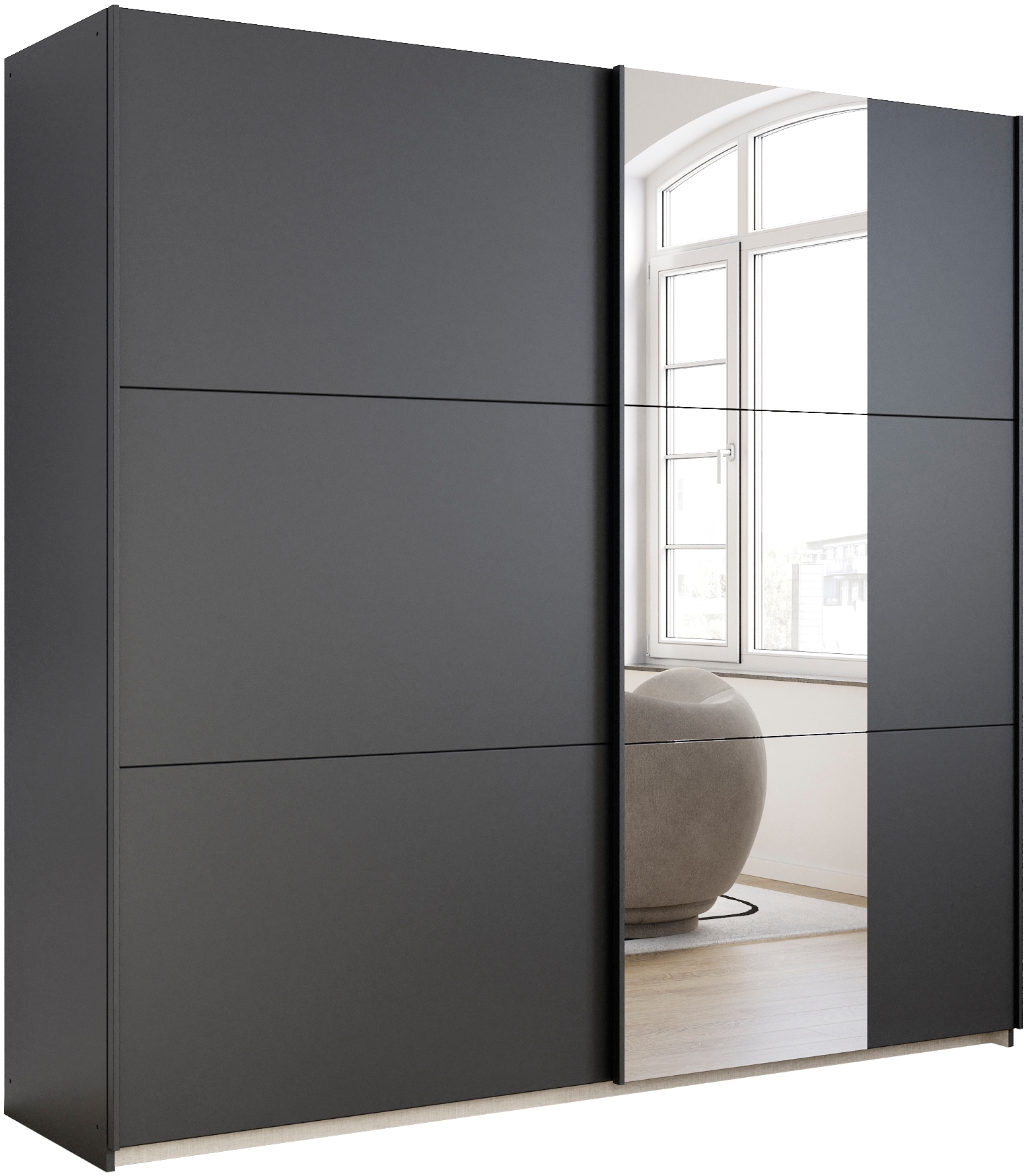 Schwebetürenschrank RAUCH "Kleiderschrank Drehtürenschrank Schrank Garderobe KRONACH TOPSELLER", grau (graumetallic, griffleisten grau, 1 spiegel), B:218cm H:210cm T:59cm, Holzwerkstoff, Schränke, Schwebetürenschrank, mit Spiegel und viel Stauraum,...