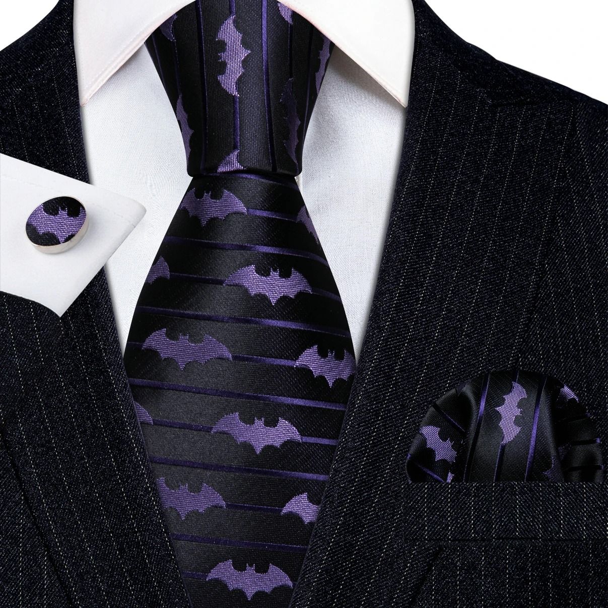 Stylish Purple Silk Tie Set For Men With Pocket Square And Cufflinks For Formal Occasions w