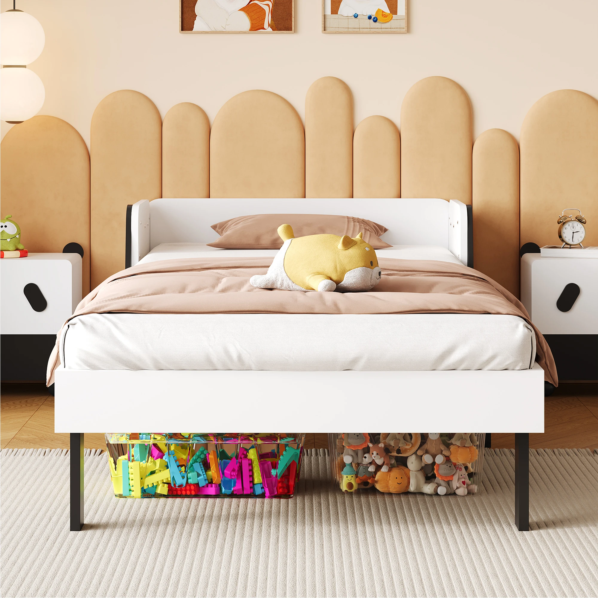 Rosahqnda Kinderbett 90x200 cm Einzelbett Weißes MDF-Kiefernholzbett mit Lattenrost und Kopfteil Kinderbett ohne Matratze