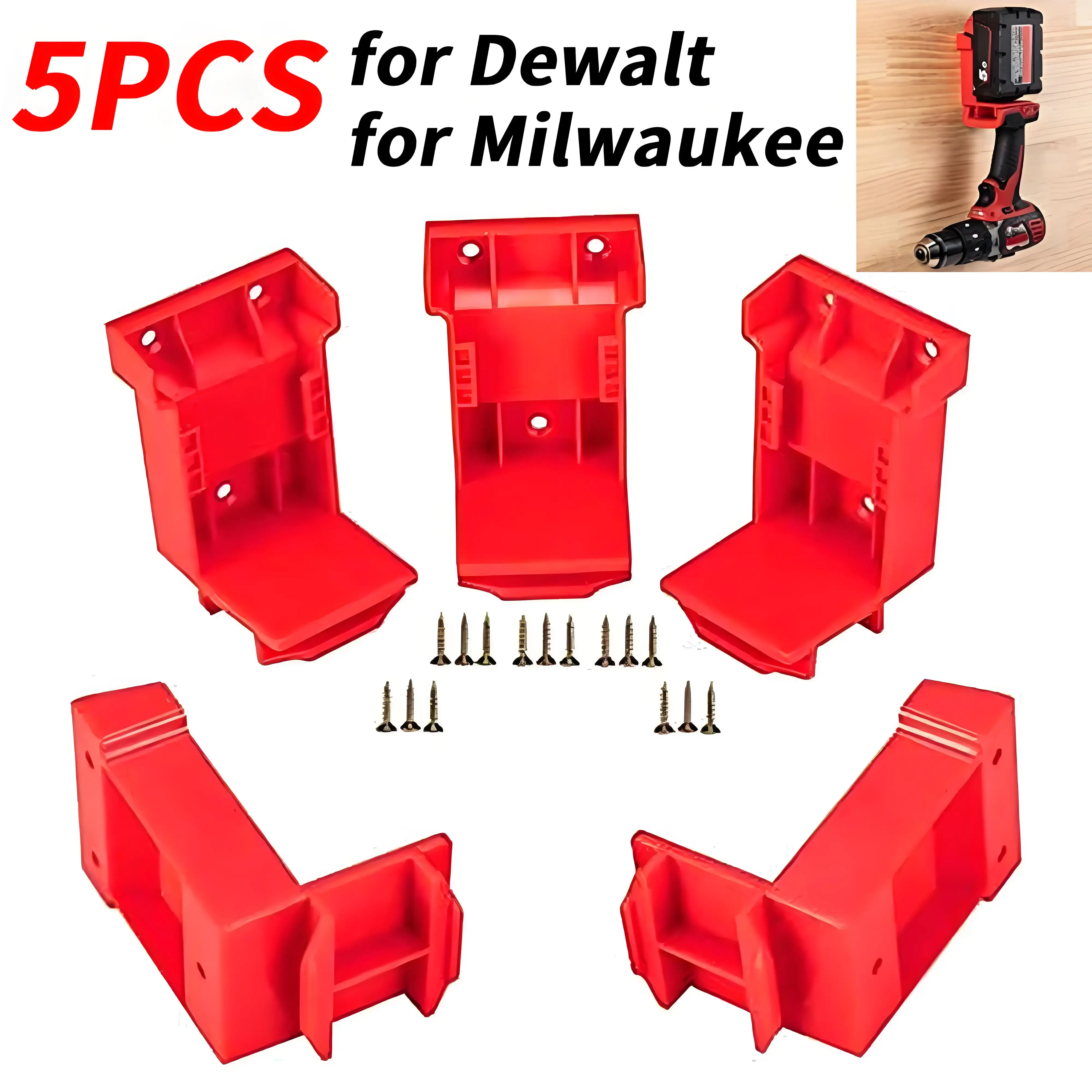 5 PCS 2-in-1 Supporto per utensile elettrico Supporto per batteria Supporto per gancio per Dewalt 20V per Milwaukee M18 18V Staffa per rack di stoccaggio per utensili a batteria