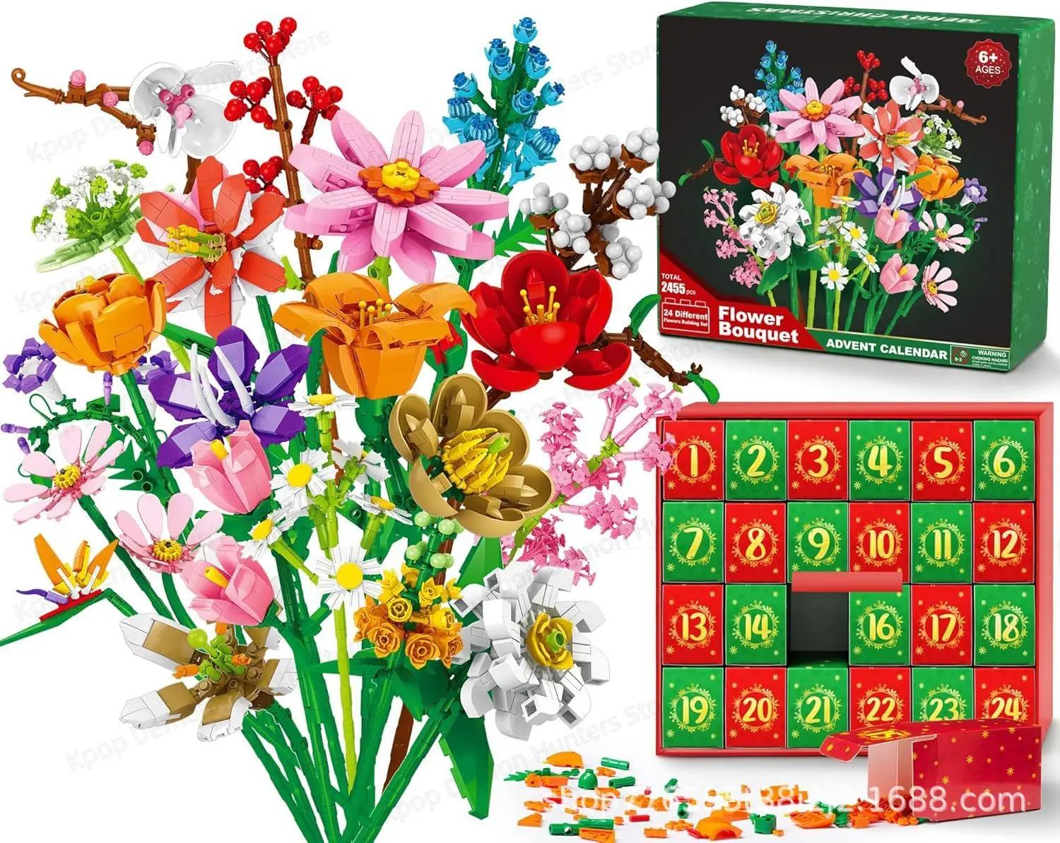 Adventskalender 2025 Blumenstrauß-Bausteine für Erwachsene und Kinder, 24 Tage Weihnachts-Countdown-Kalender mit 24 Arten von Blumen