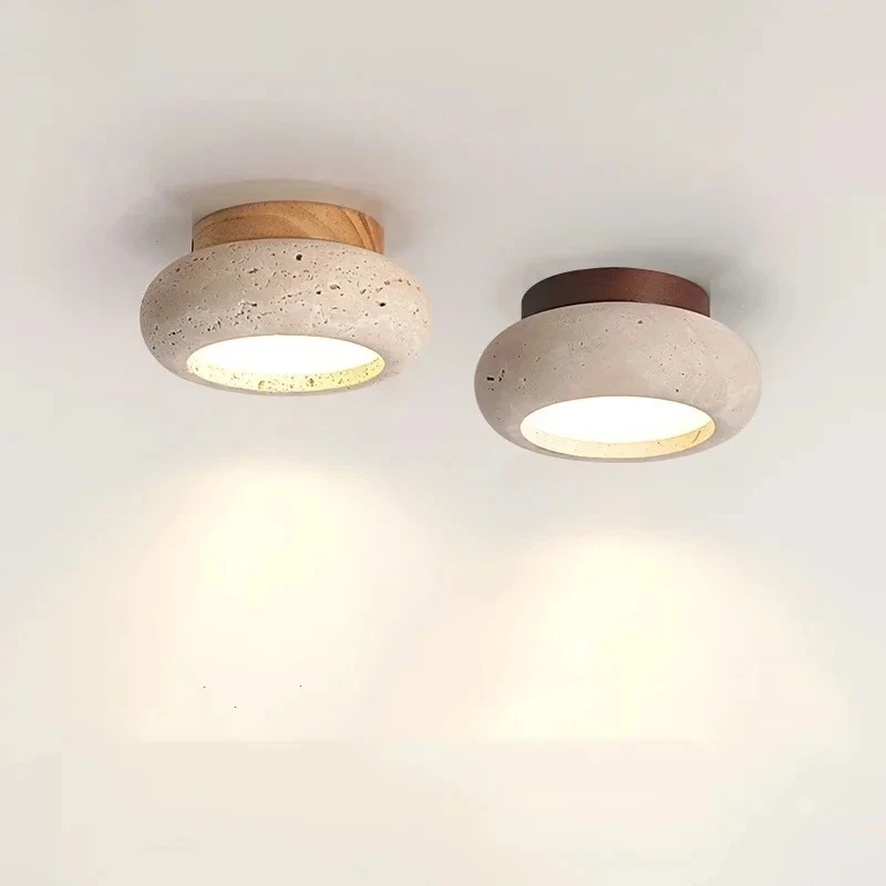 IWHD Holz Baldachin LED Deckenleuchte Nordic Moderne Einfache Ellipse Natürliche Gelbe Travertin Deckenleuchte Lamparas De Techo Image