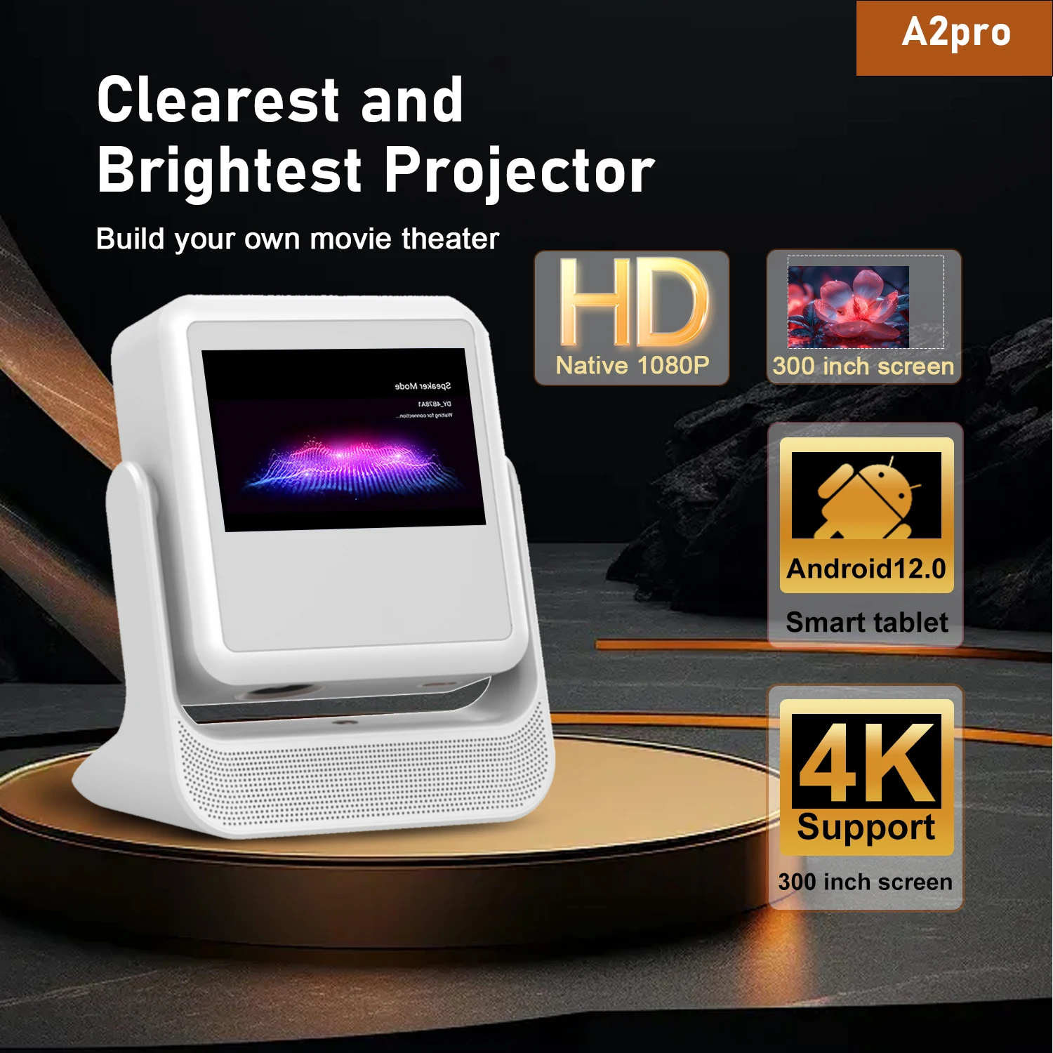 Proyector WiFi Bluetooth, 8" Touchscreen Android 12, 4K 1080P Autofokus, HDMI USB, 180 ° Flip, integrierter Spkr, EU US UK-Stecker Image