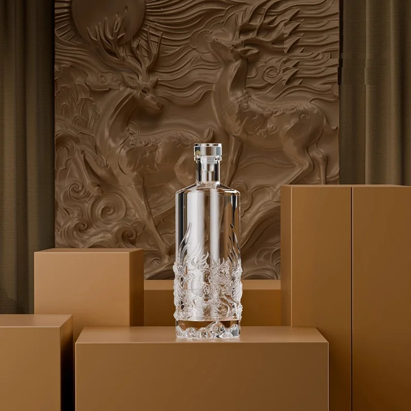 Hirsch gravierter 500 ml runder Whisky-Dekanter aus Bargeschirr, Alkoholflasche für Likör, Scotch Bourbon Image
